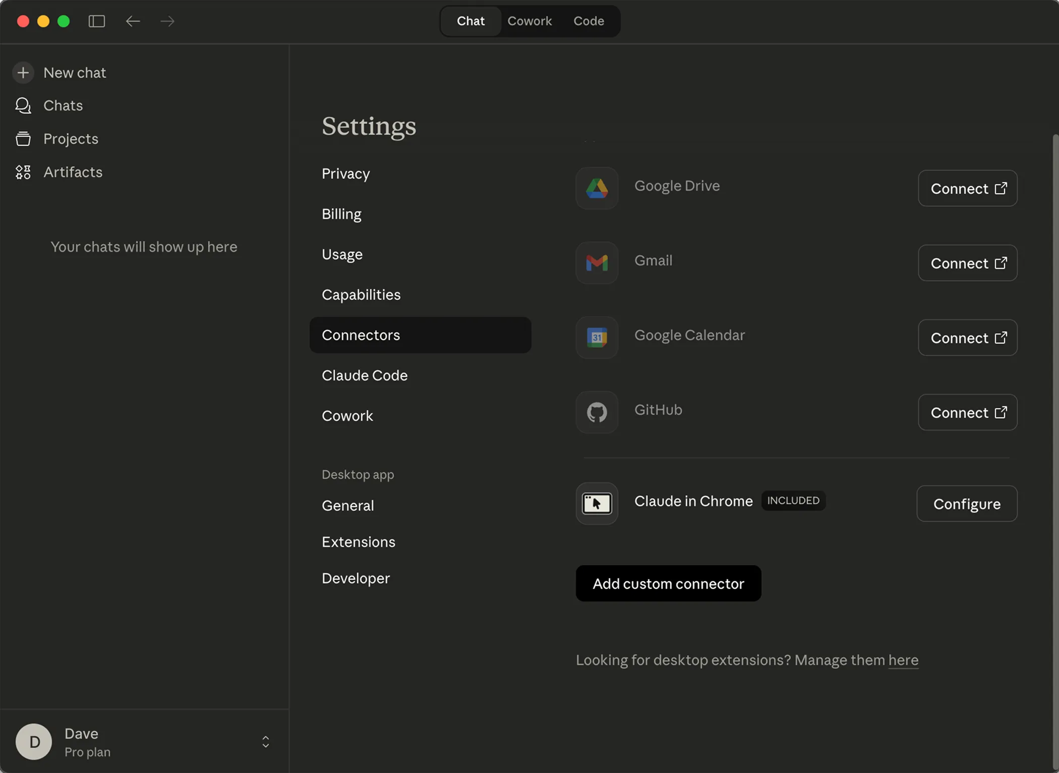 Claude Desktop Settings showing Connectors and Add custom connector