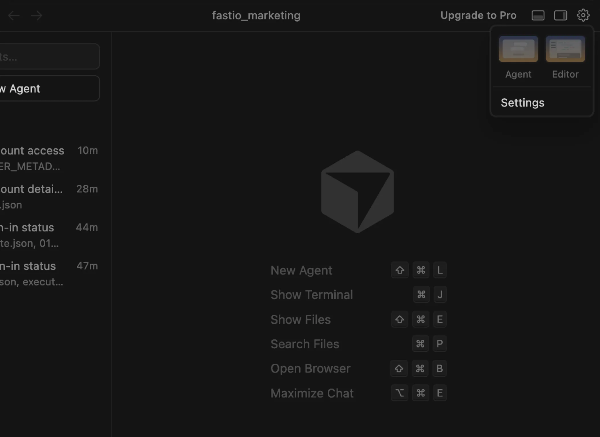 Cursor IDE settings menu