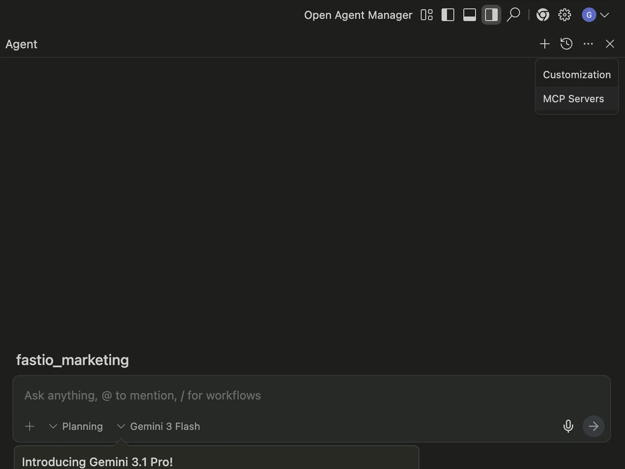 Antigravity IDE Agent panel with MCP Servers menu option