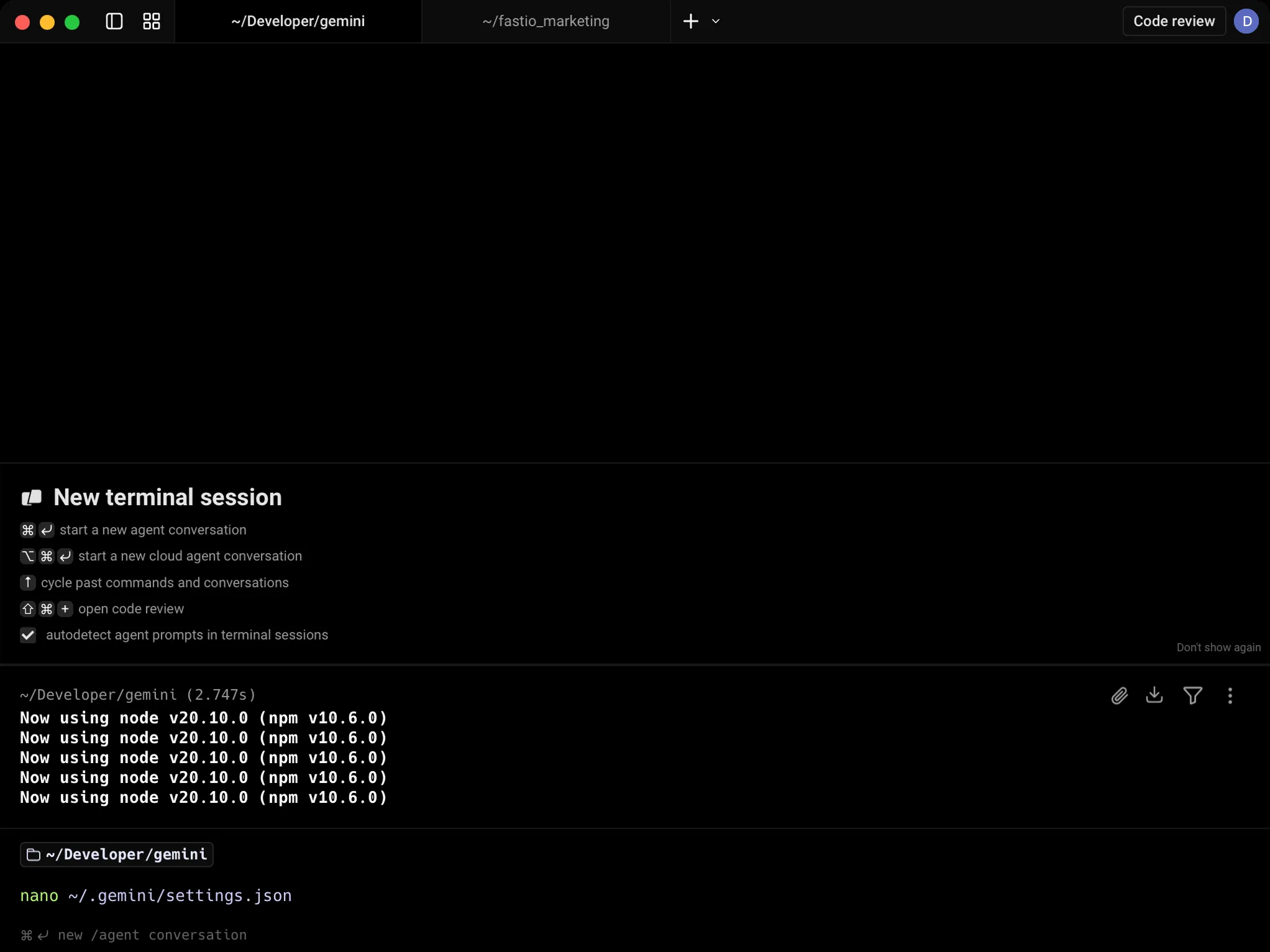 Gemini CLI settings file open in nano