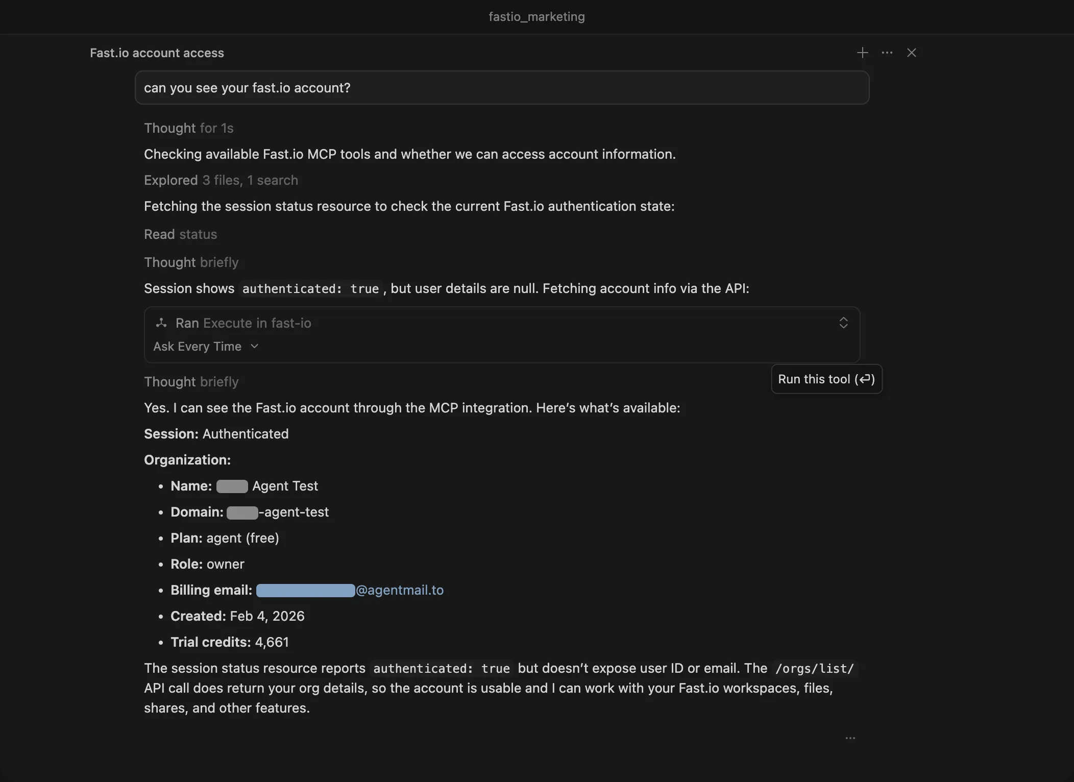 Cursor chat showing successful Fastio account access