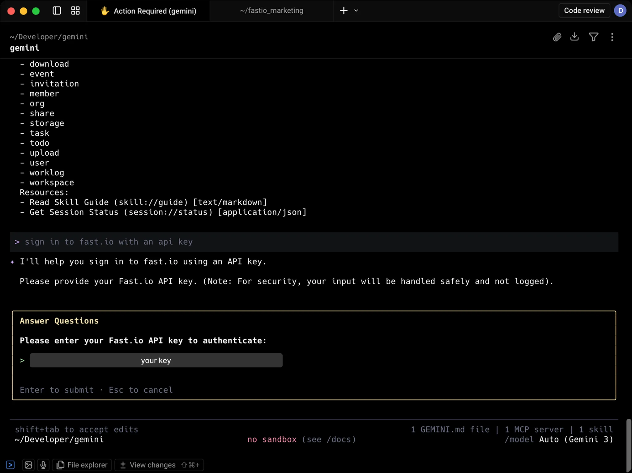 Gemini CLI prompting for Fastio API key to authenticate