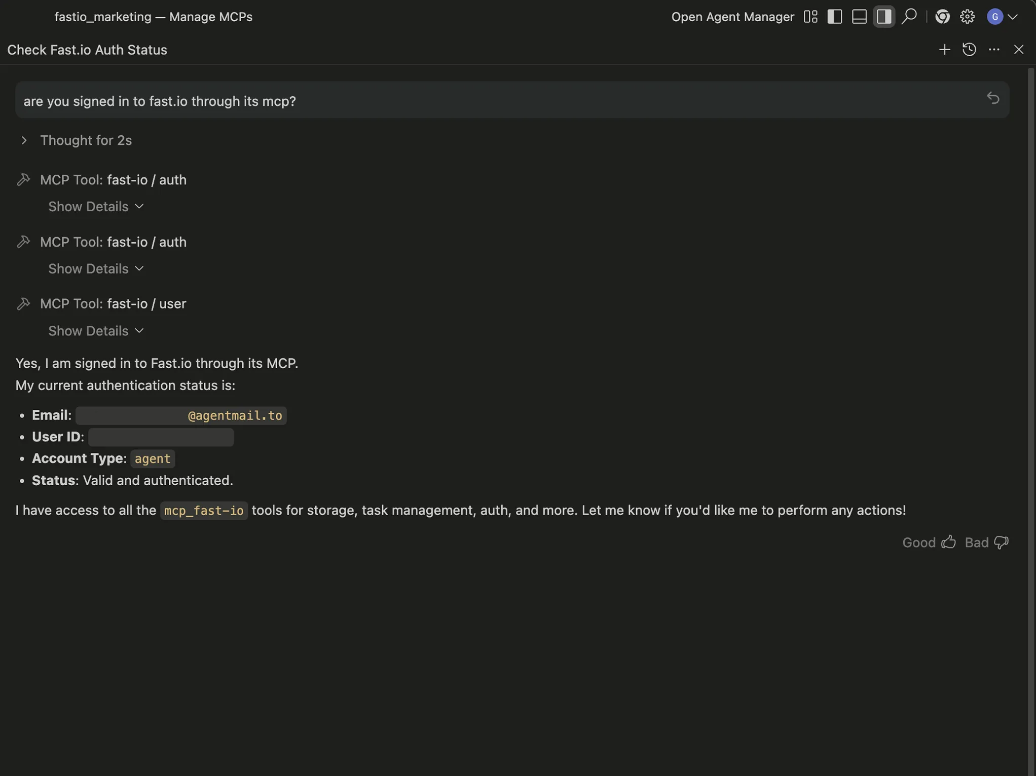 Antigravity IDE agent confirming Fast.io authentication