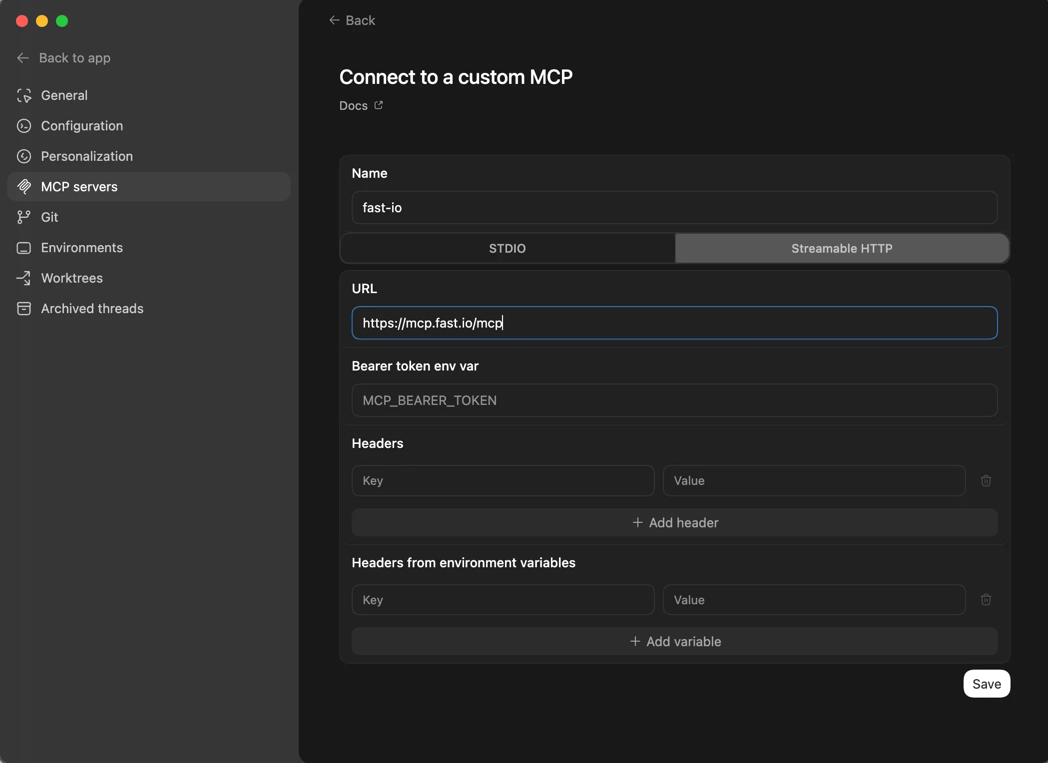 Codex Desktop Add MCP server configuration