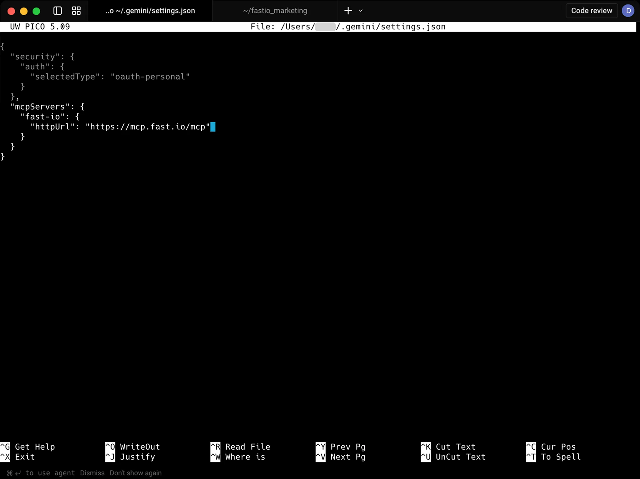 Gemini CLI settings.json with Fastio MCP server config
