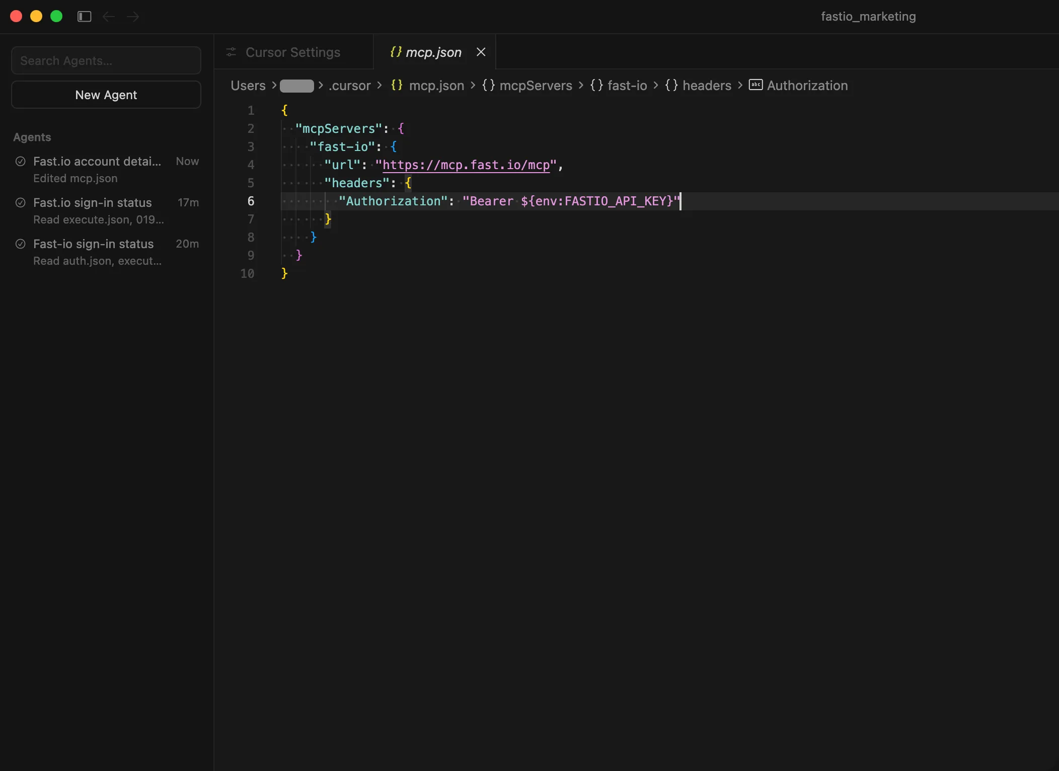 Editor showing mcp.json with Fastio config