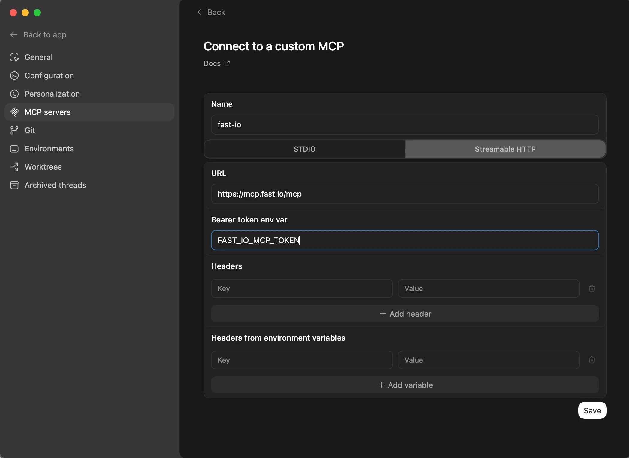 Codex Desktop Bearer token env var configuration