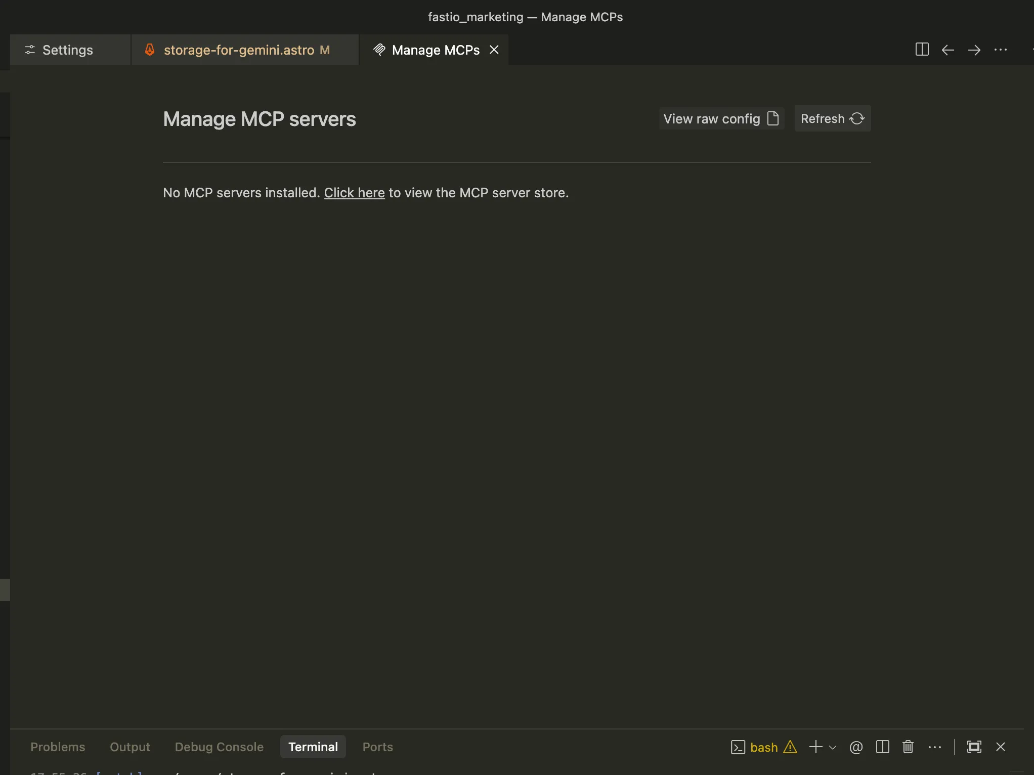 Antigravity IDE Manage MCPs panel with View raw config button
