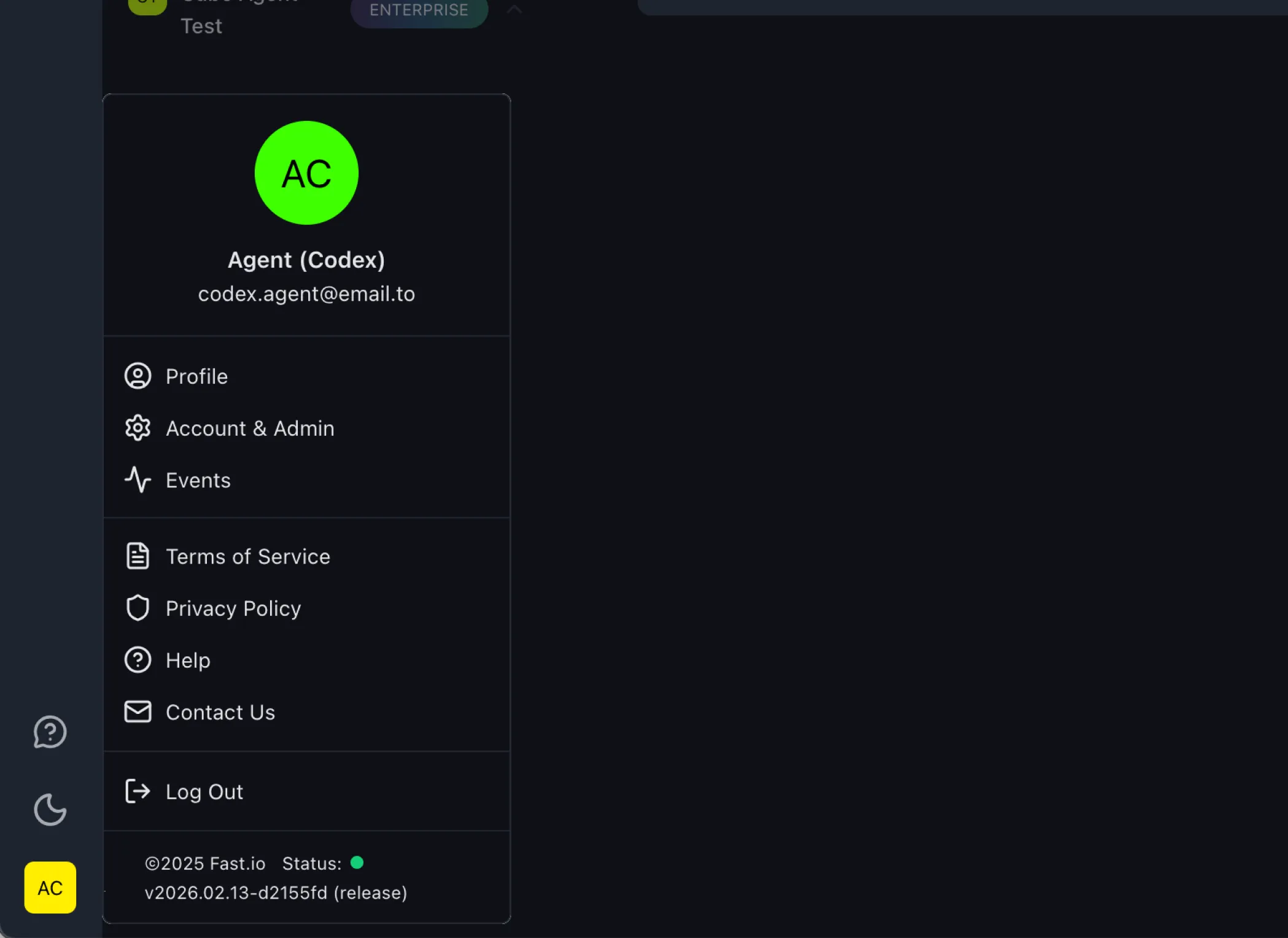 Fast.io user menu showing Account & Admin option