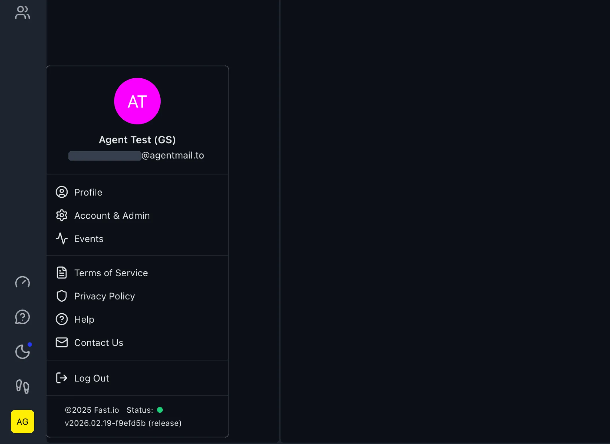 Fastio user menu showing account options