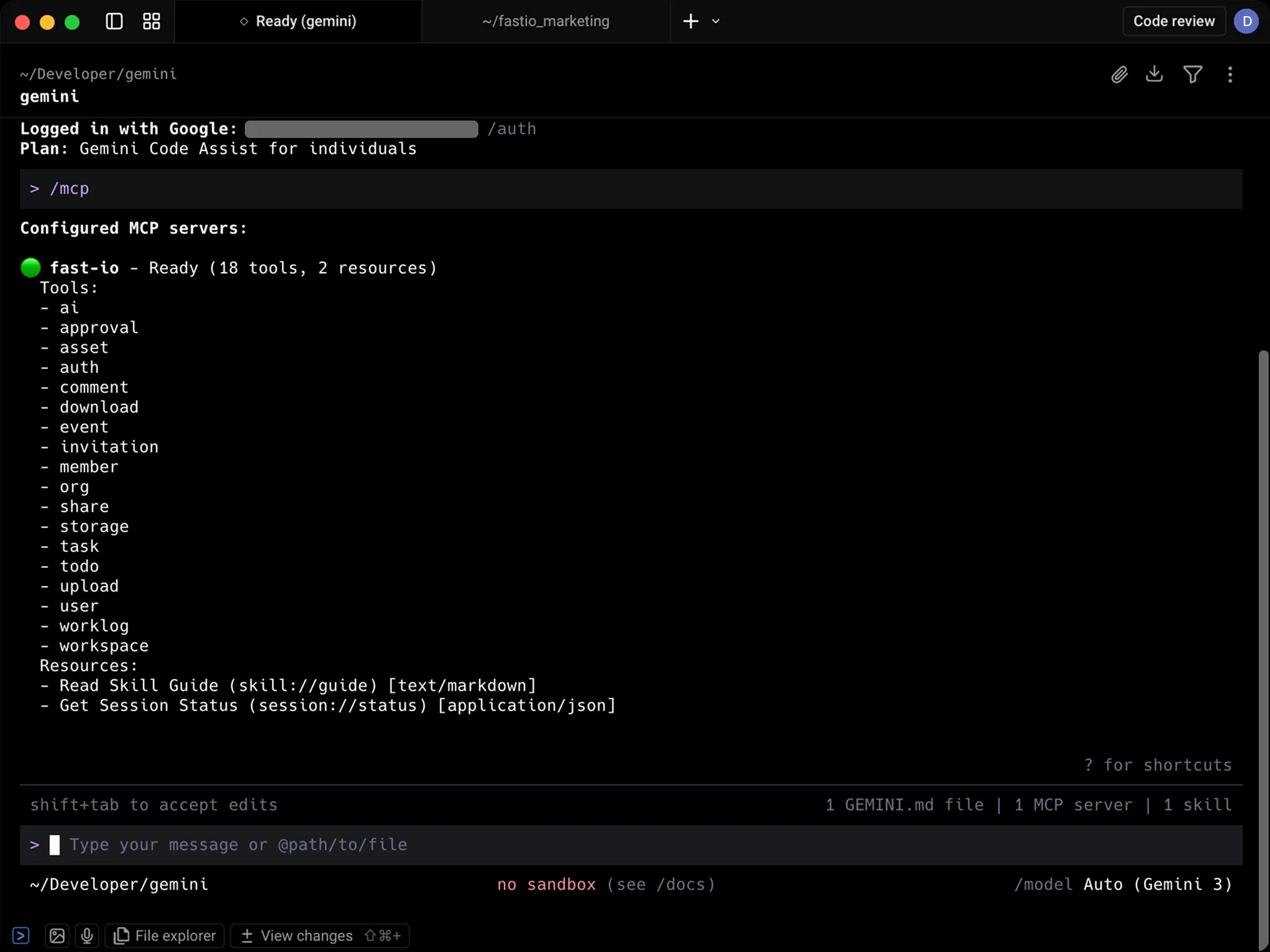 Gemini CLI showing /mcp command with Fast.io server connected