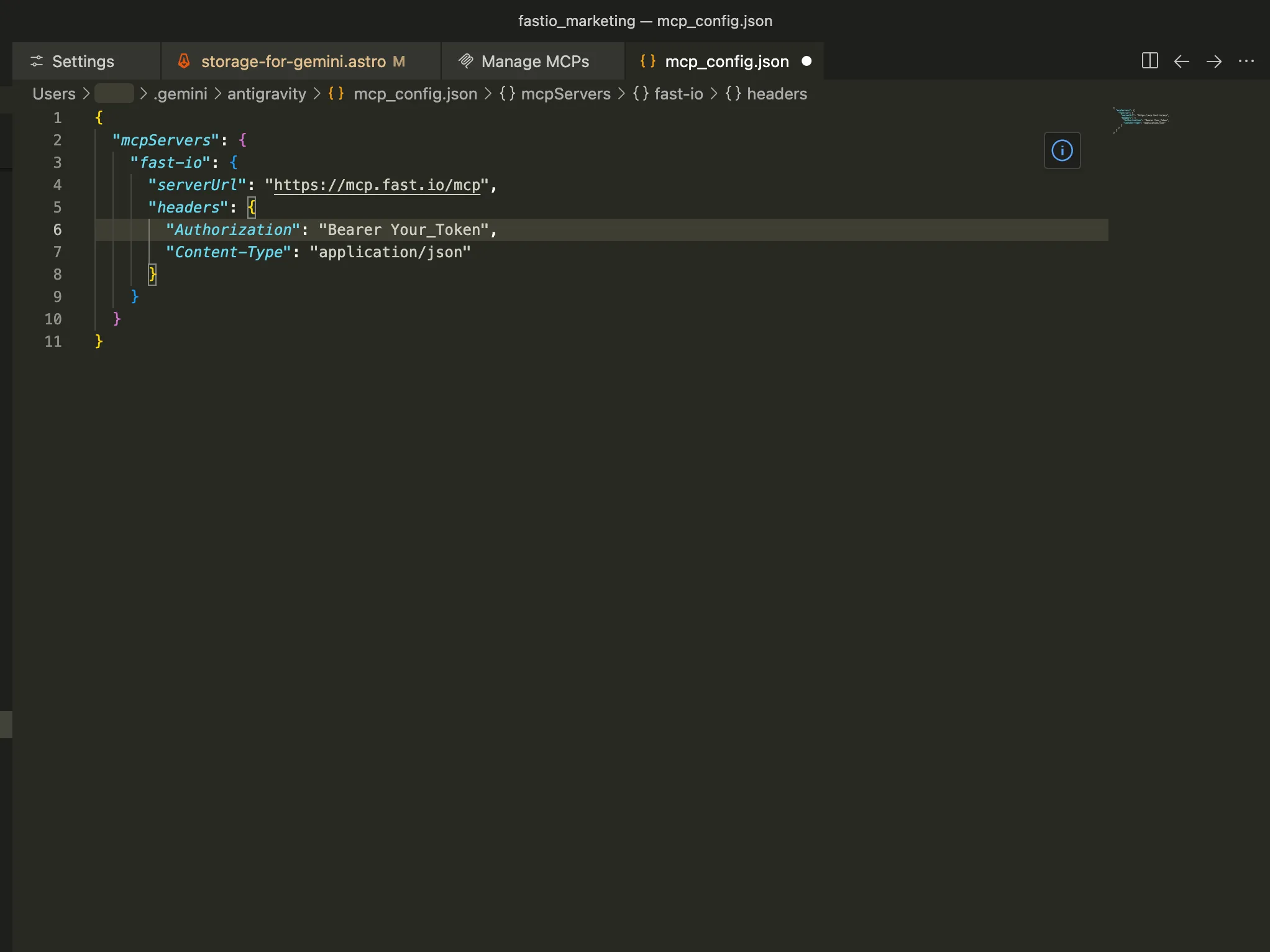 mcp_config.json with Fastio MCP server configuration