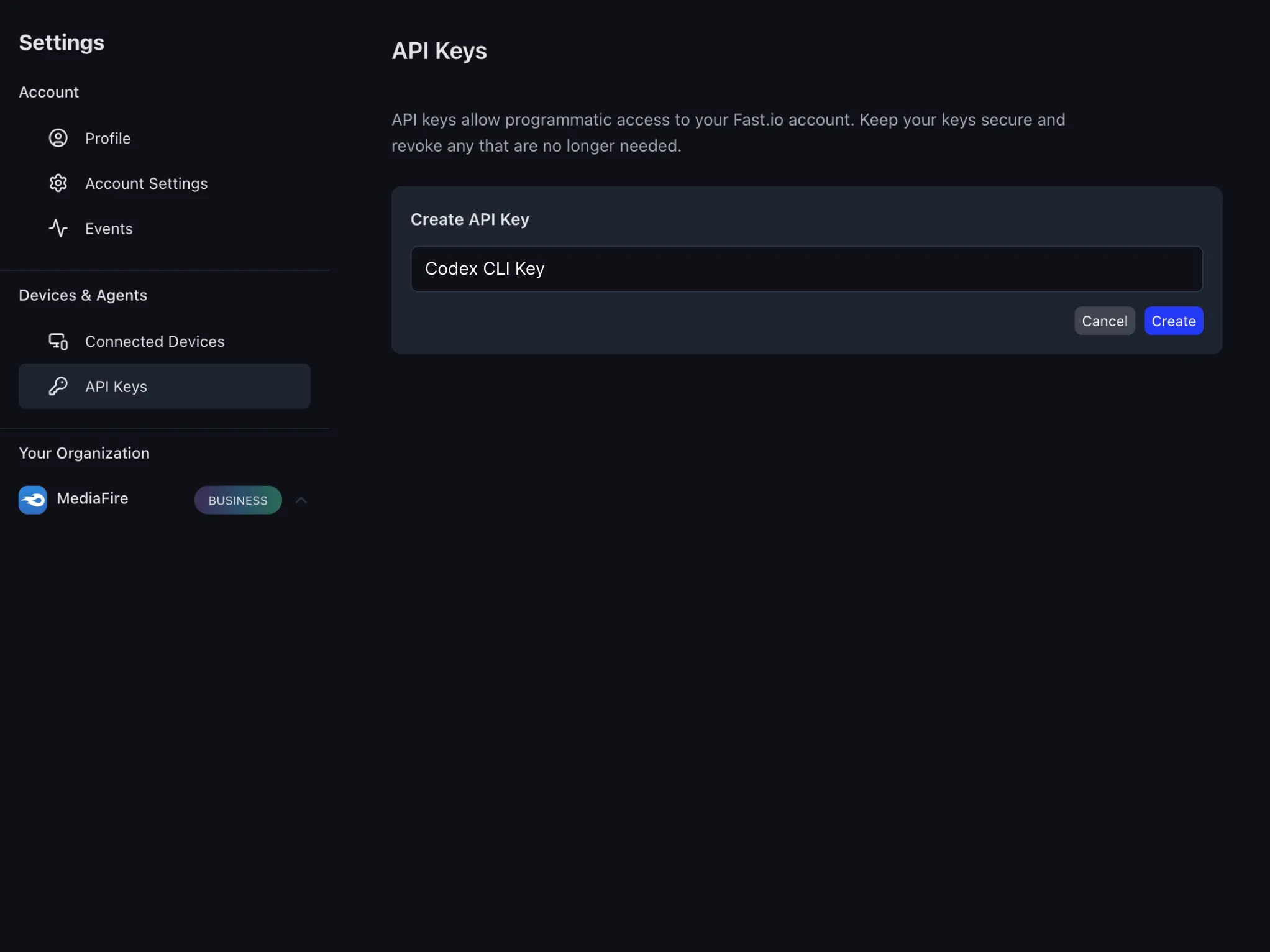 Fast.io Create API Key dialog