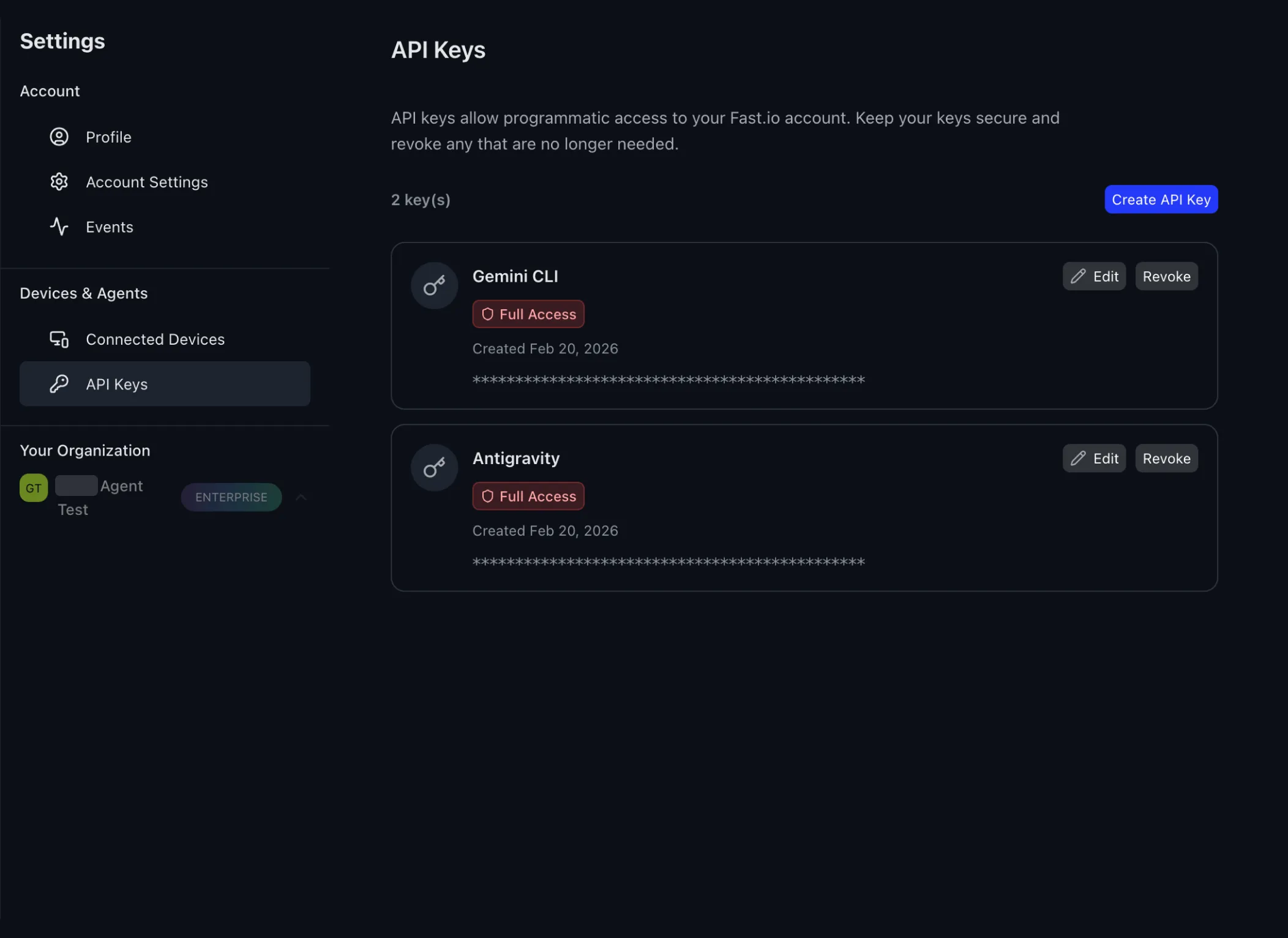 Fastio Settings showing API Keys section