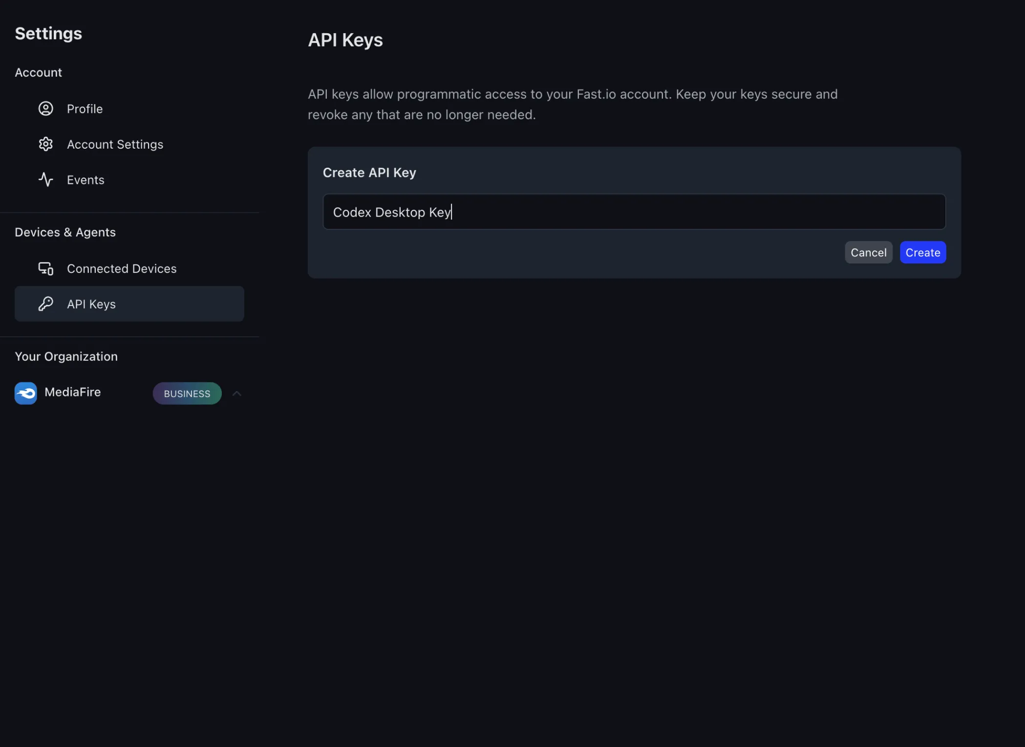 Fast.io Create API Key dialog