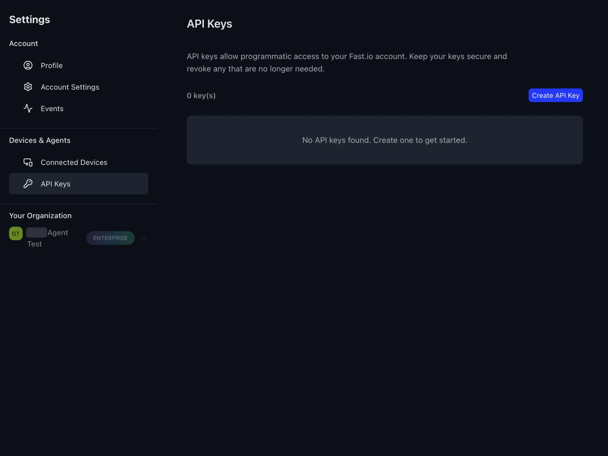 Fastio Settings API Keys page