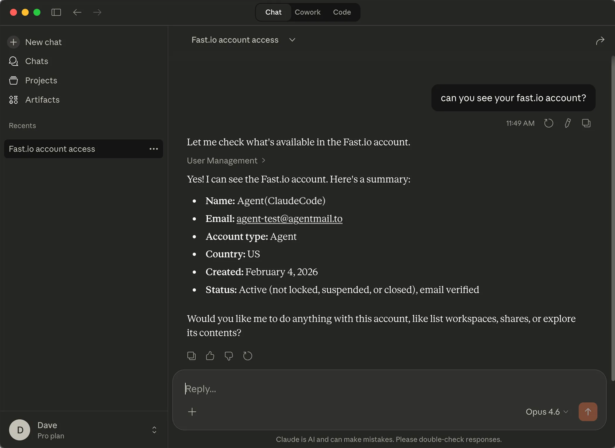 Claude Desktop responding with Fast.io account summary