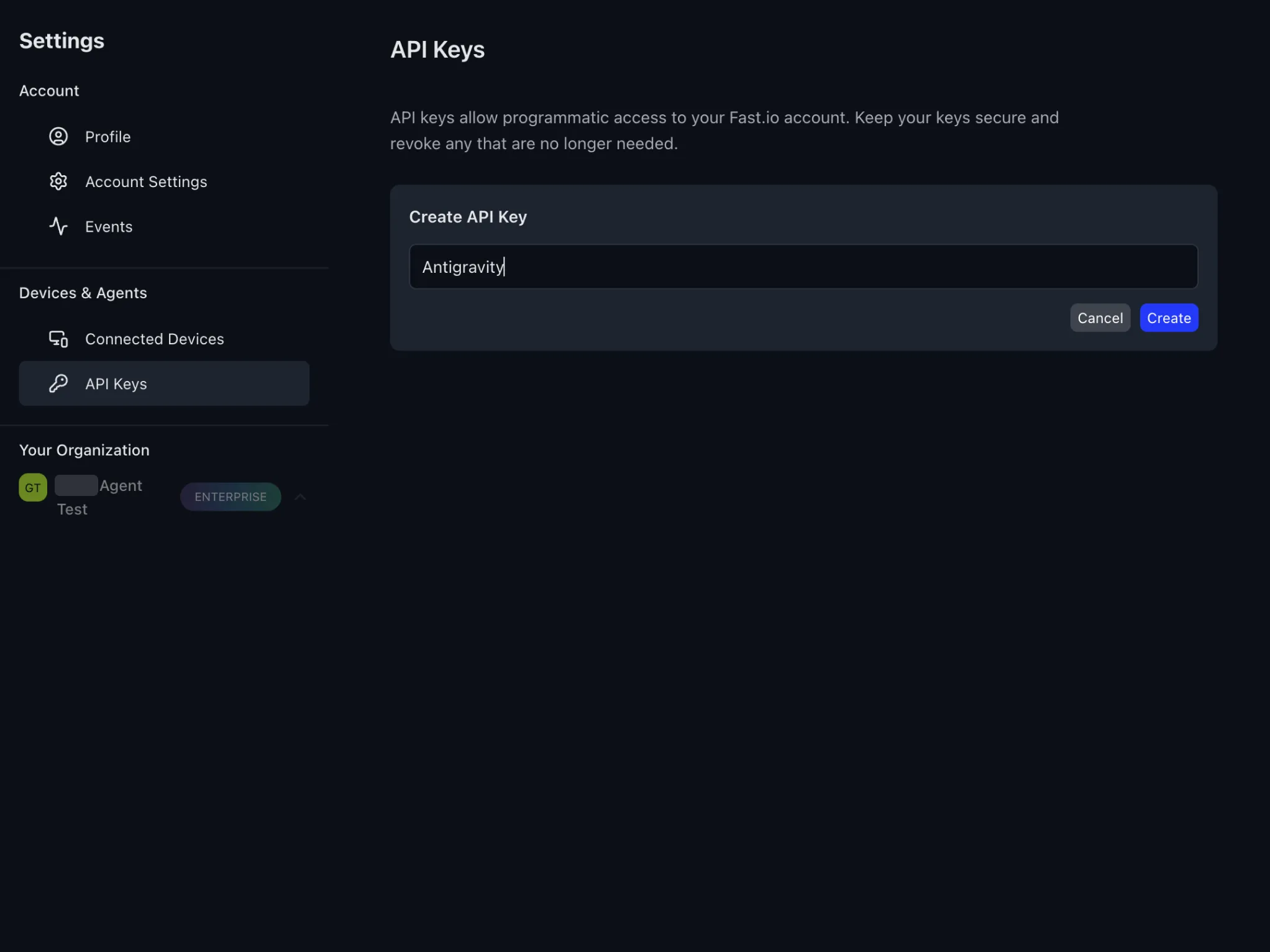 Fastio Create API Key dialog
