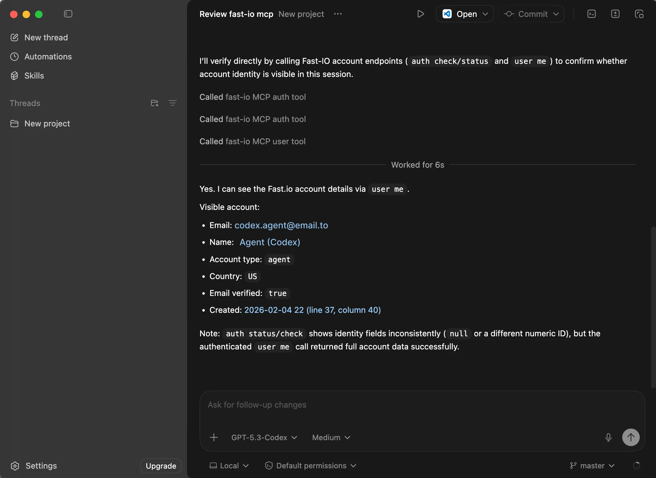 Codex Desktop showing Fast.io account details