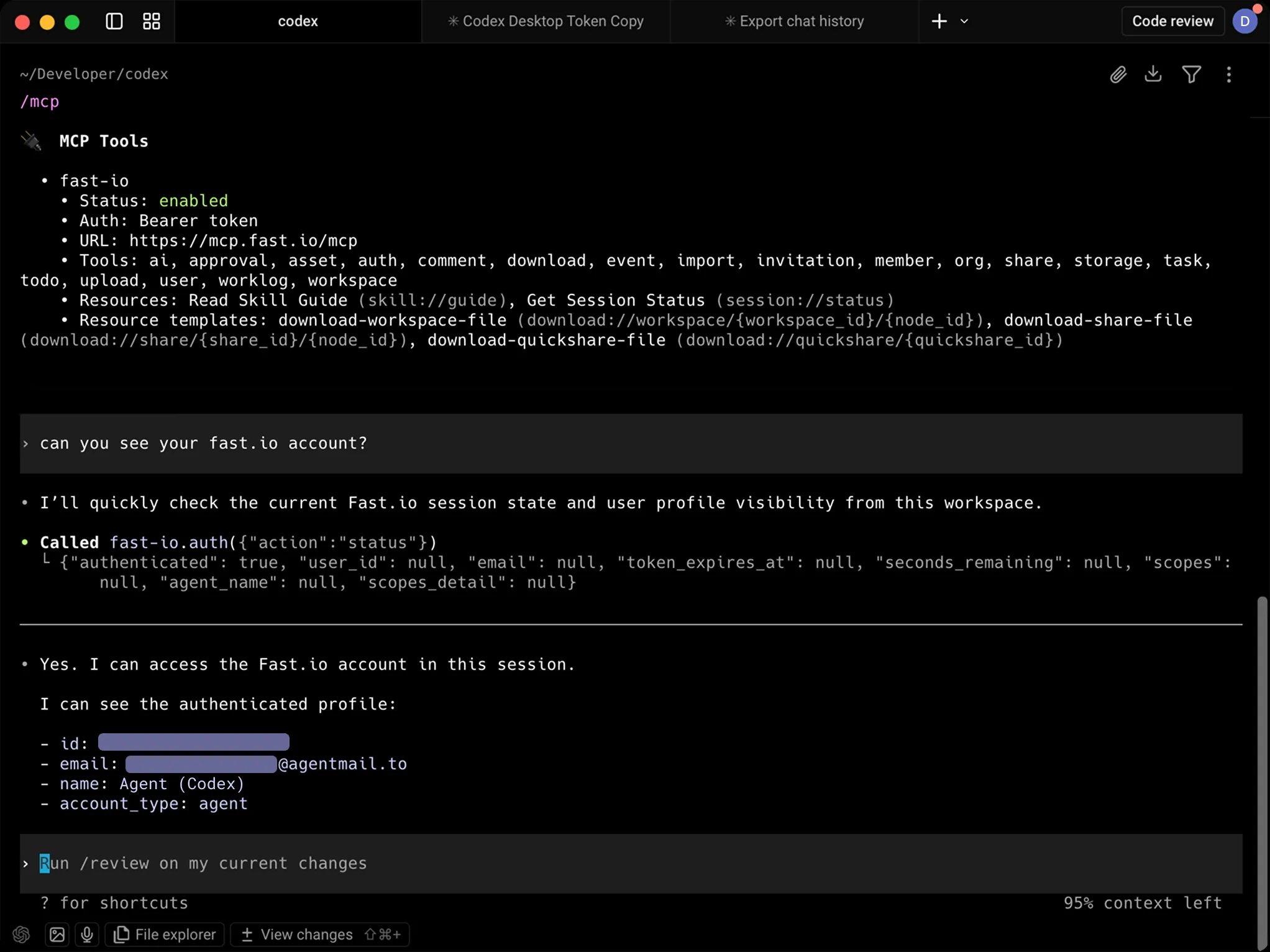 Codex CLI showing Fast.io account summary