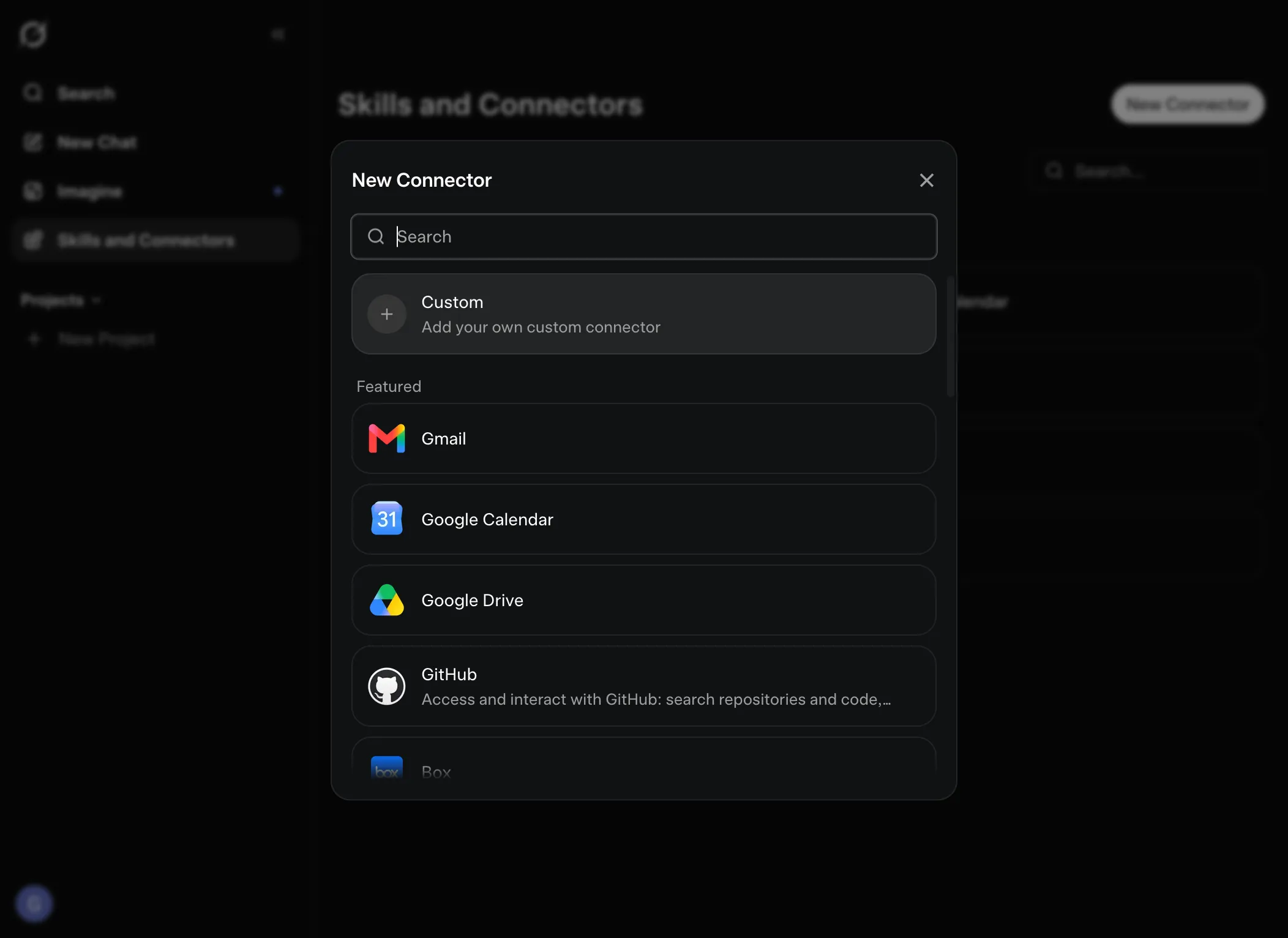 New Connector modal with Custom option