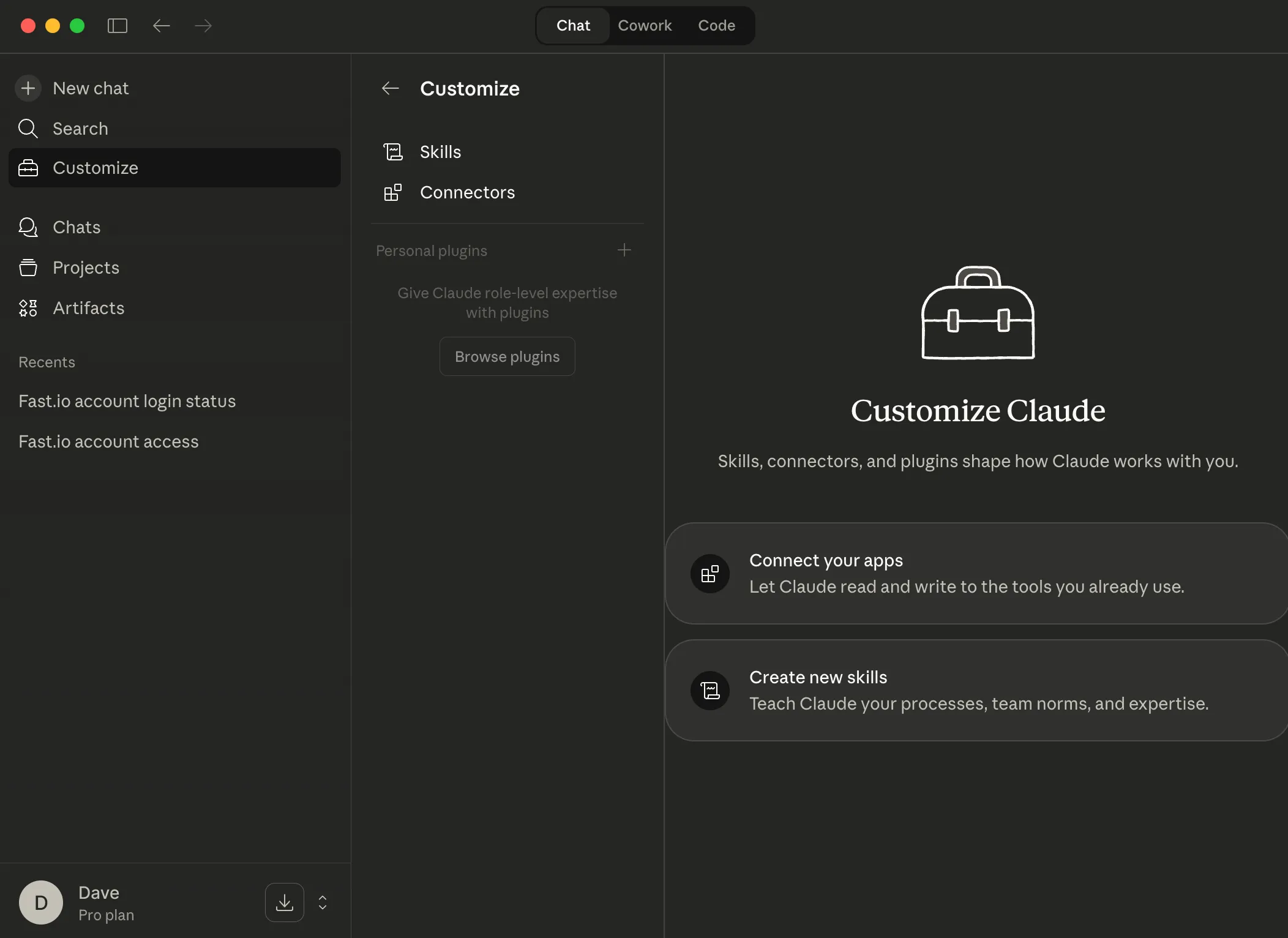 Claude Desktop sidebar with Customize option