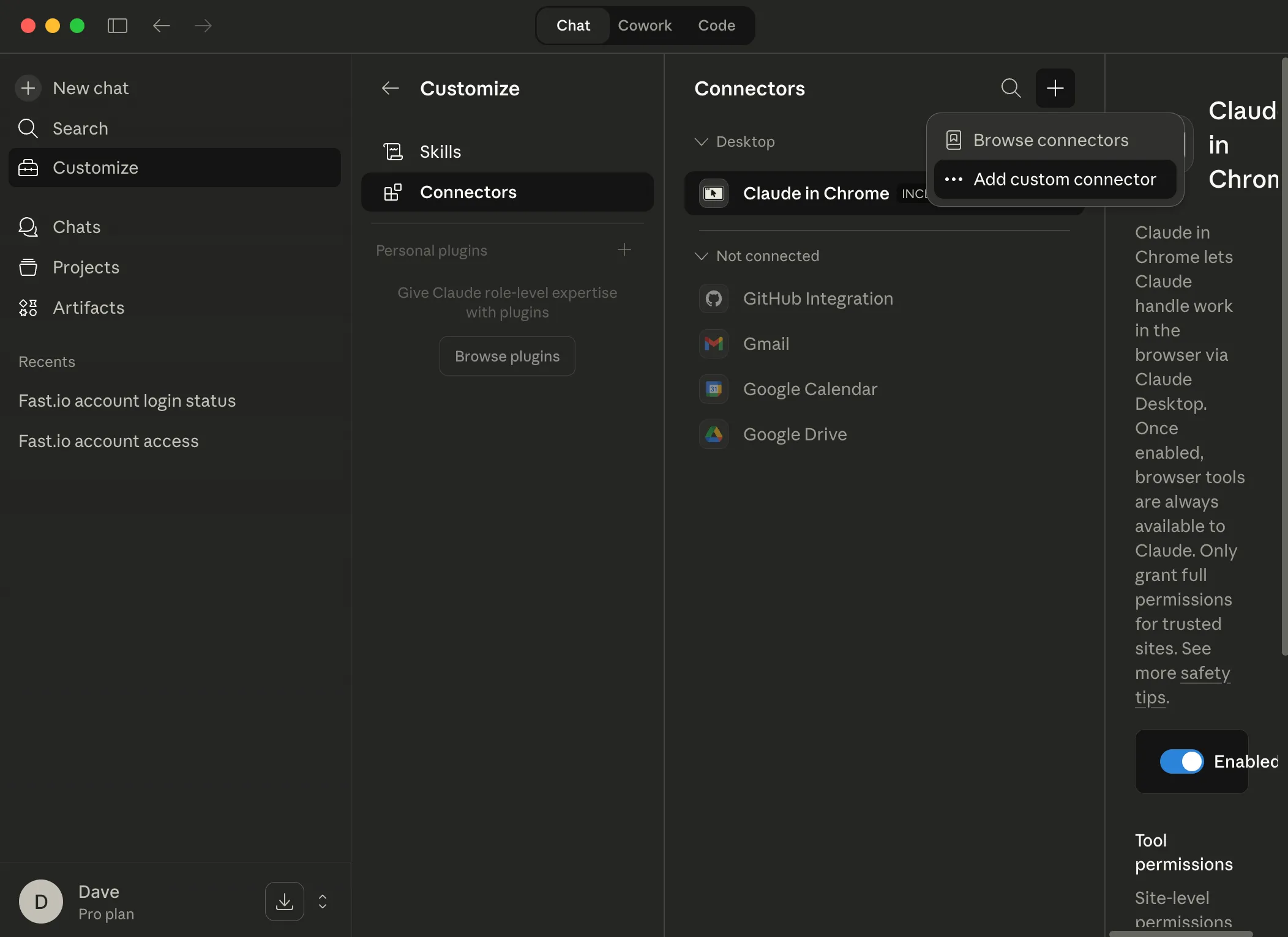 Claude Desktop Connectors list with Add custom connector dropdown