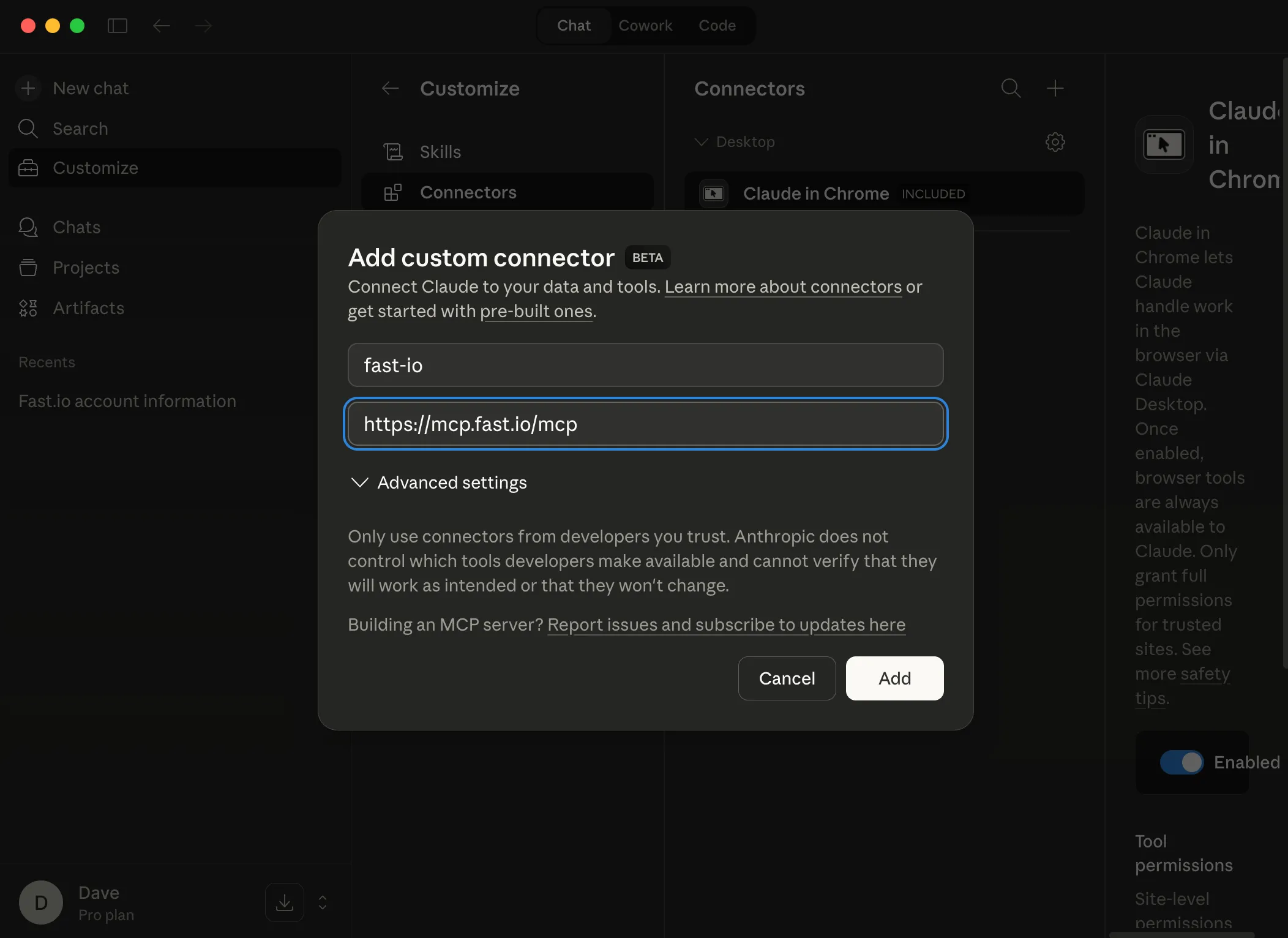 Add custom connector dialog with MCP URL filled in