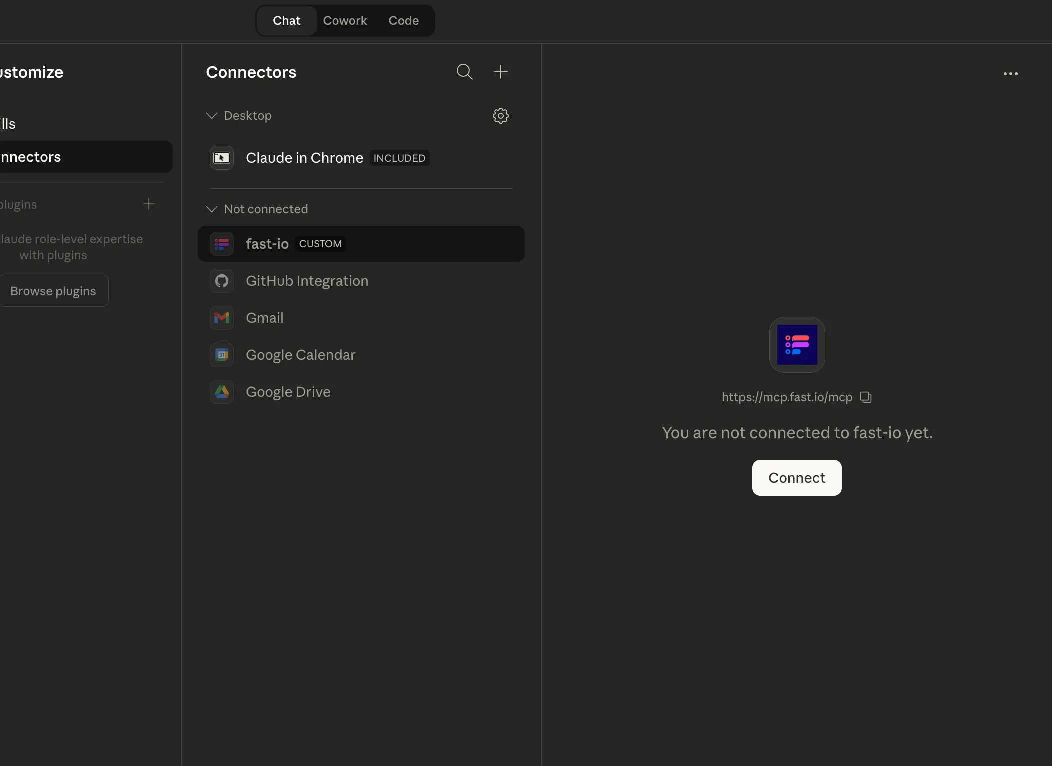 Claude Desktop Fast.io connector with tool permissions