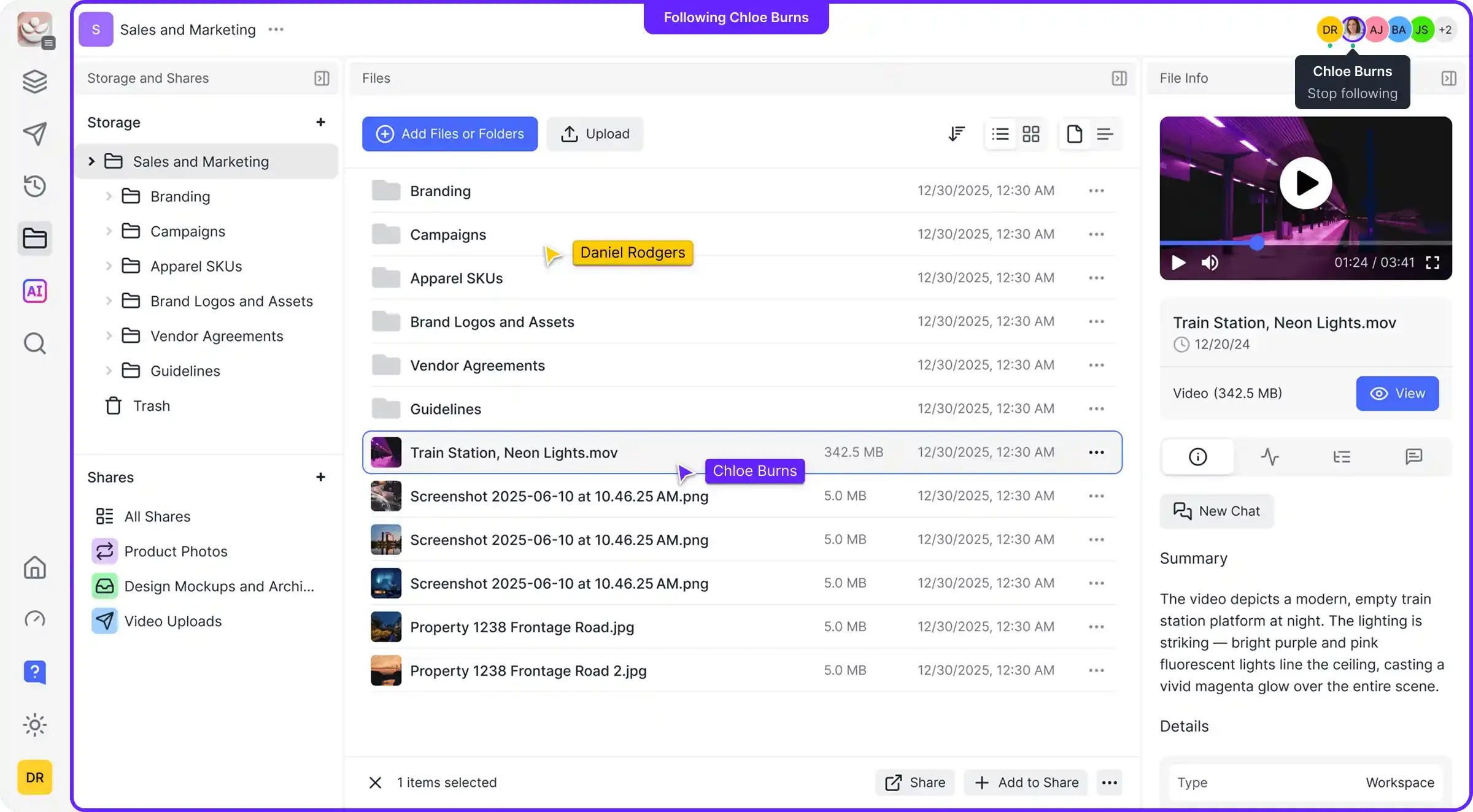 Fastio Workspace Dashboard showing structured file organization