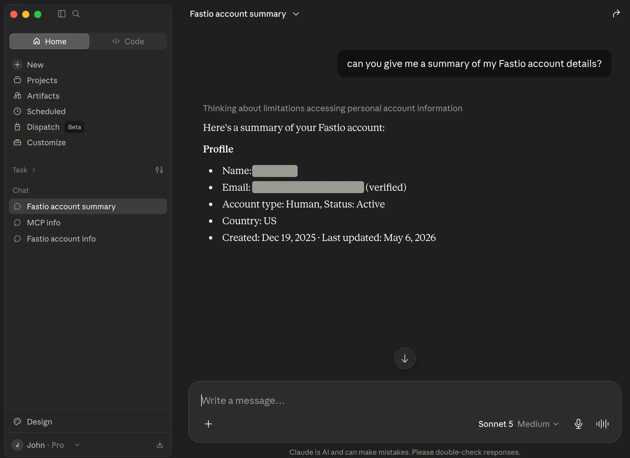 Claude Desktop showing Fastio account details