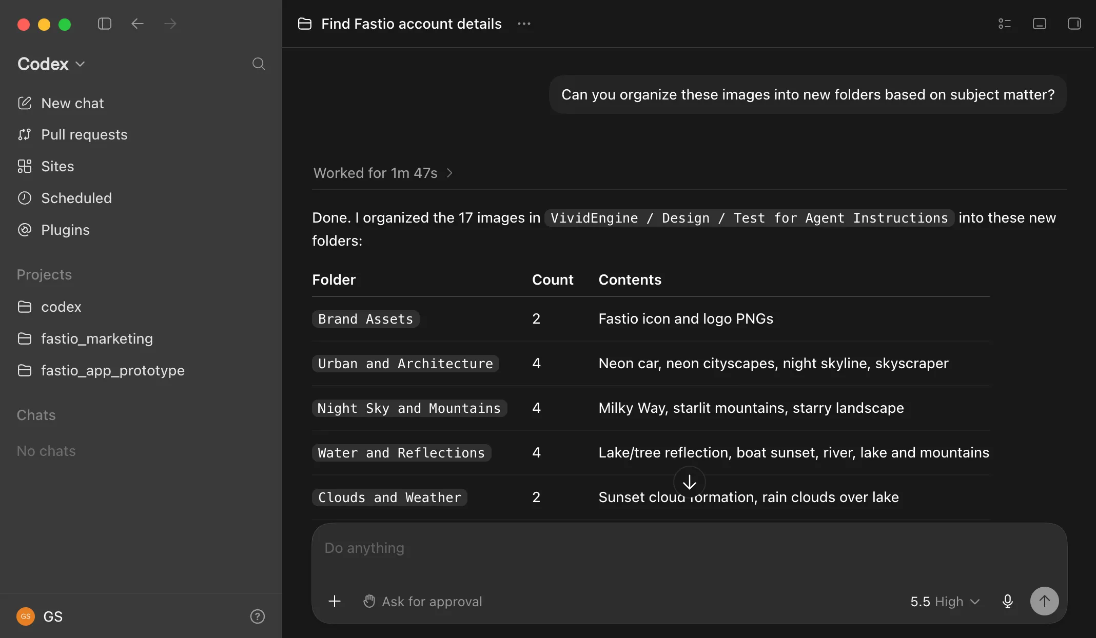 Codex Desktop connected to a Fastio workspace
