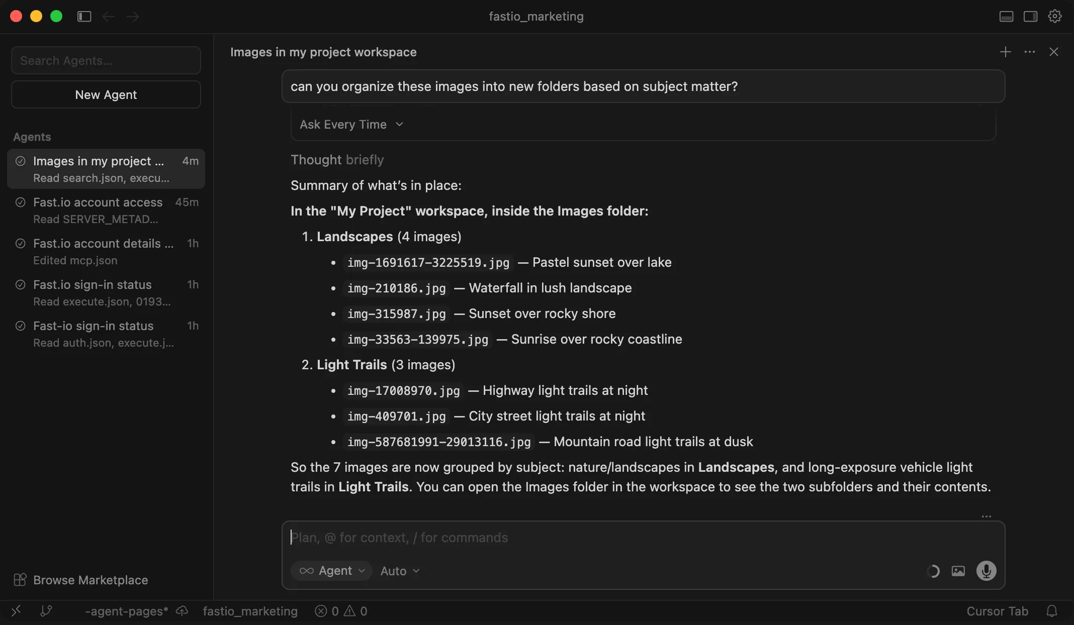 Cursor IDE with Fastio MCP integration