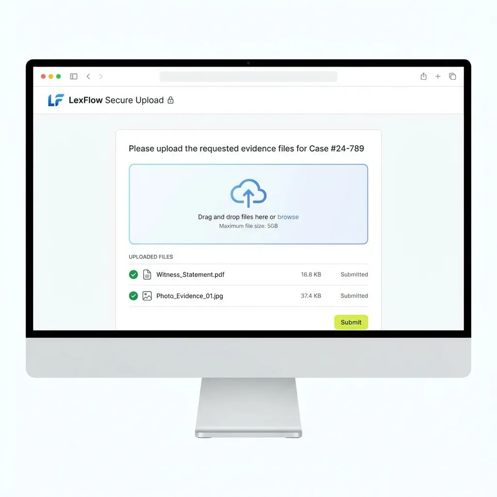 Collecting evidence and documents from clients and witnesses through a secure link