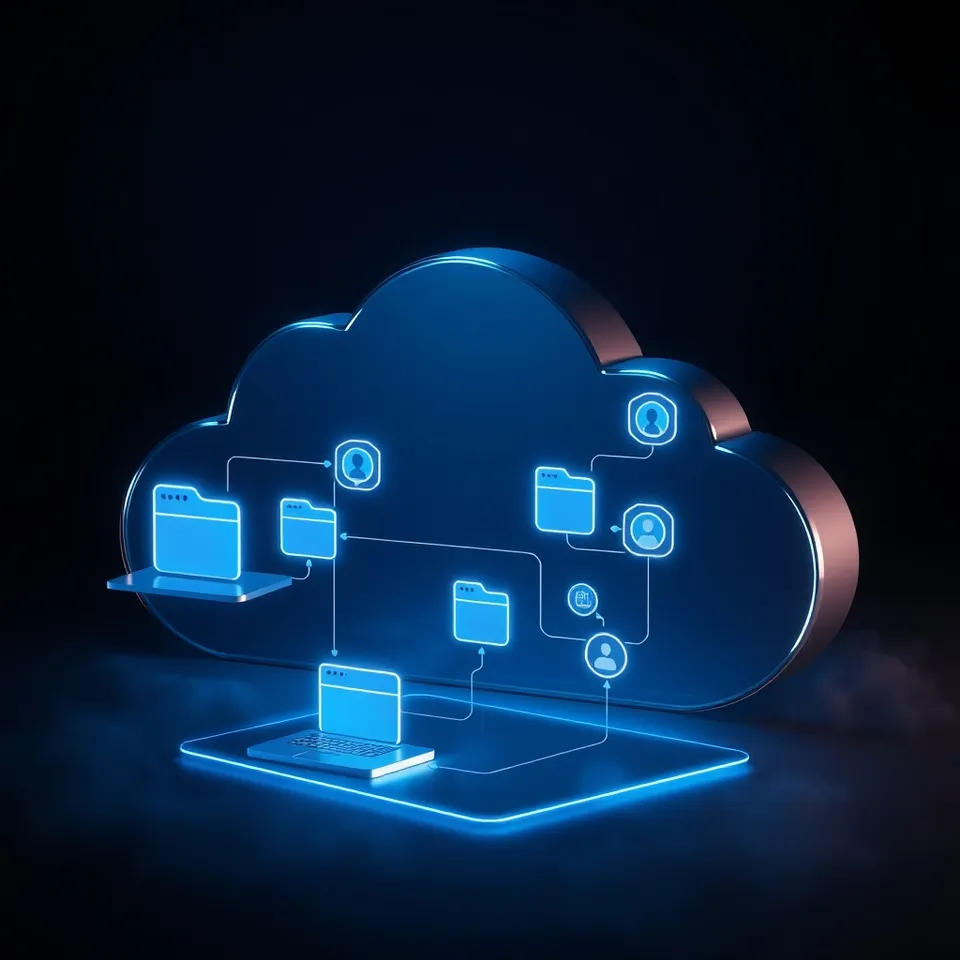 Cloud infrastructure visualization showing automated file processing workflows