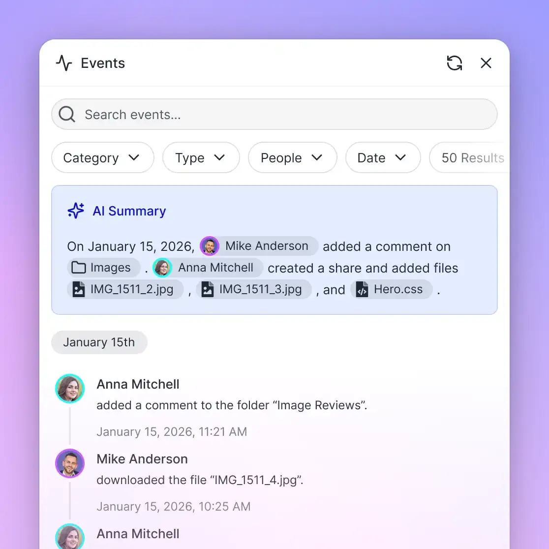 Fast.io interface showing document summary, search results, and extracted metadata views.
