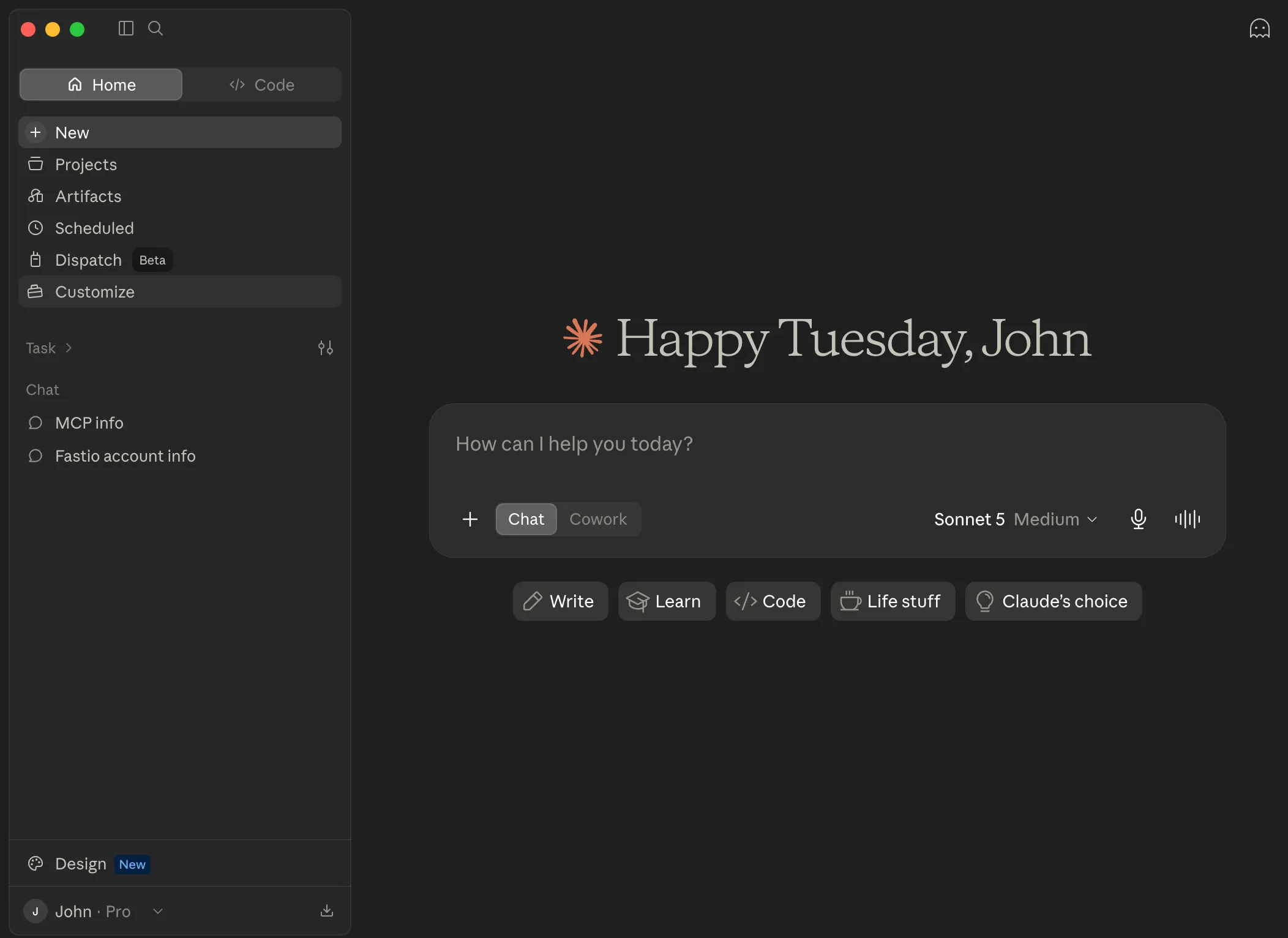 Claude Desktop sidebar with Customize option