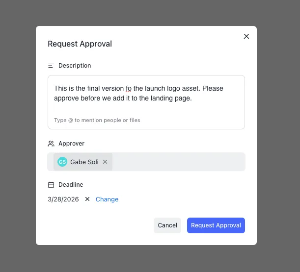 Request Approval dialog with description, approver selection, and deadline