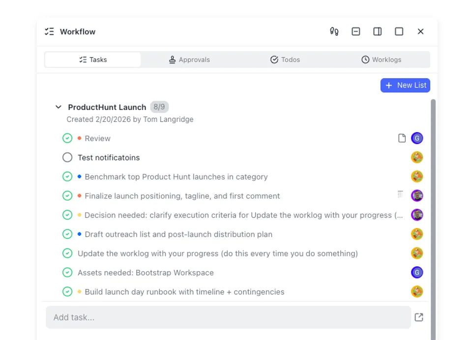 Task workflow list showing automated card management