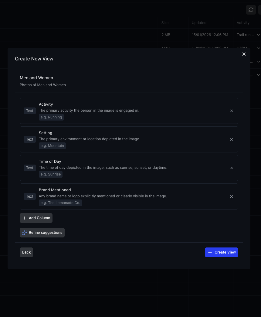 AI-suggested columns with types and example values