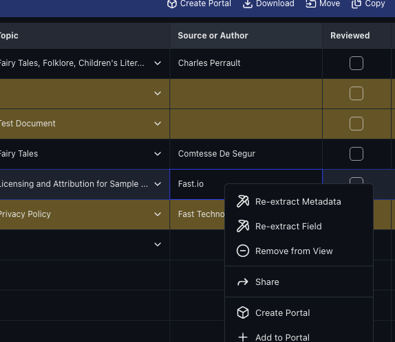 Context menu with re-extract, share, and portal actions