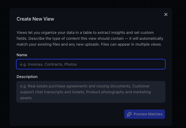 Create New View dialog with name and description