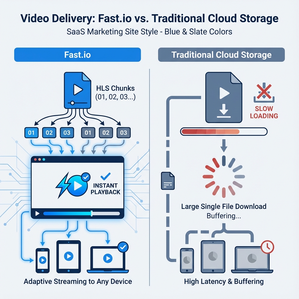 Comparison of instant HLS streaming with slow traditional downloads